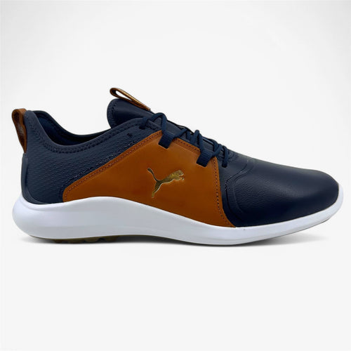 PUMA Ignite Fasten8 Crafted Navy Gold Leather Brown Mens Waterproof Golf Shoes