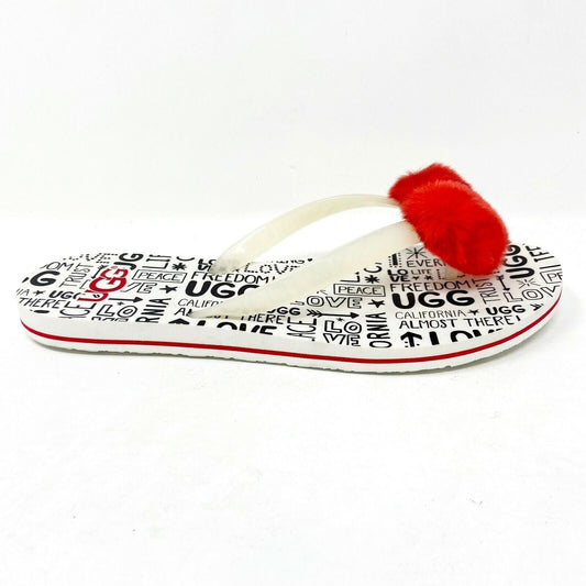 UGG Simi Fluff Manifesto White Red Womens Flip Flop Sandals 1101562 JSM