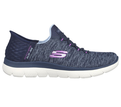 Women's Wide Fit Skechers 149937W Summits Dazzling Haze Vegan Trainers - Navy/Purple
