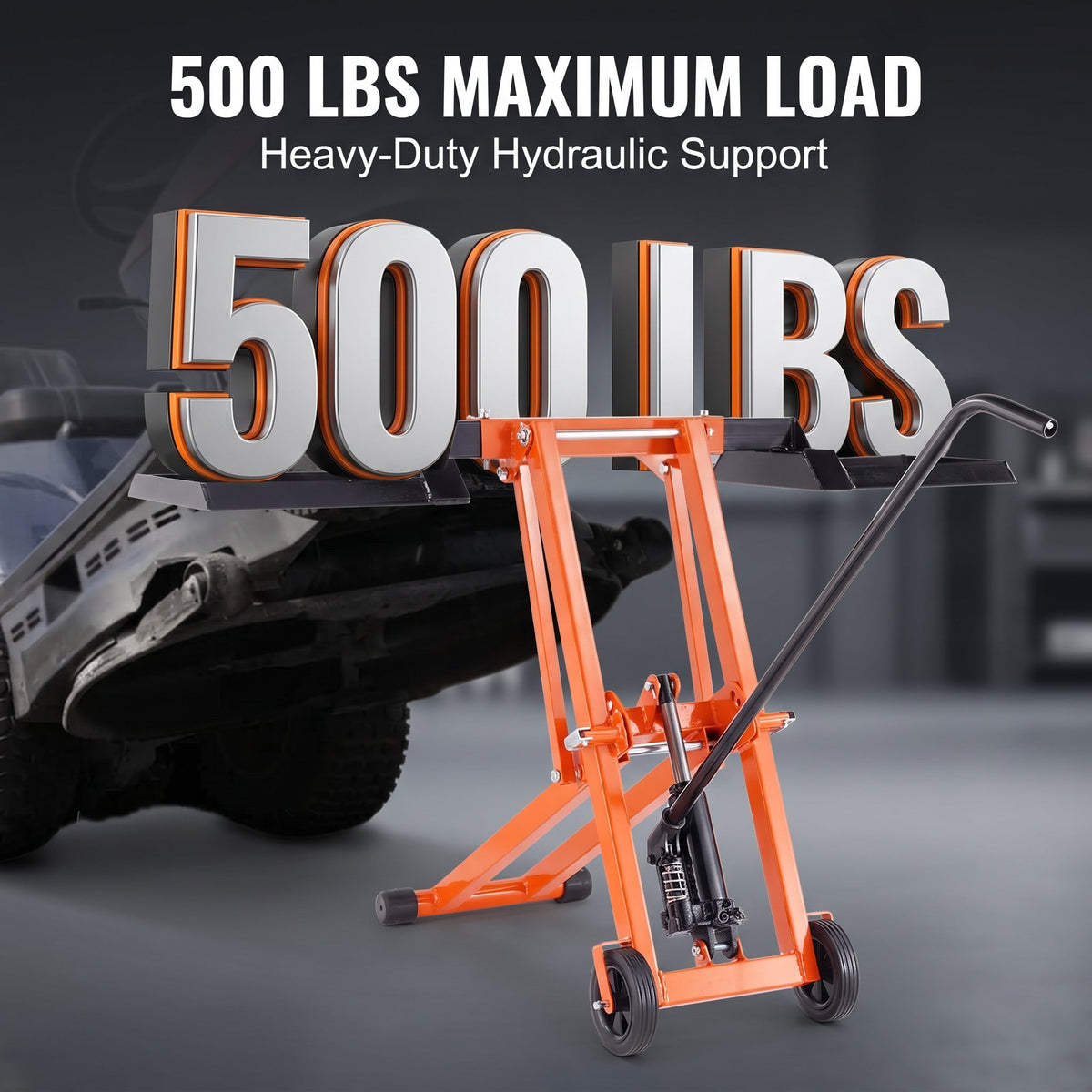 Heavy‑Duty Hydraulic Lawn Mower Lift Jack, 500 Lbs Weight Capacity, Solid Carbon Steel Construction, Adjustable Mobile Lifter for Riding Tractors and Zero‑Turn Lawn Mowers, Orange
