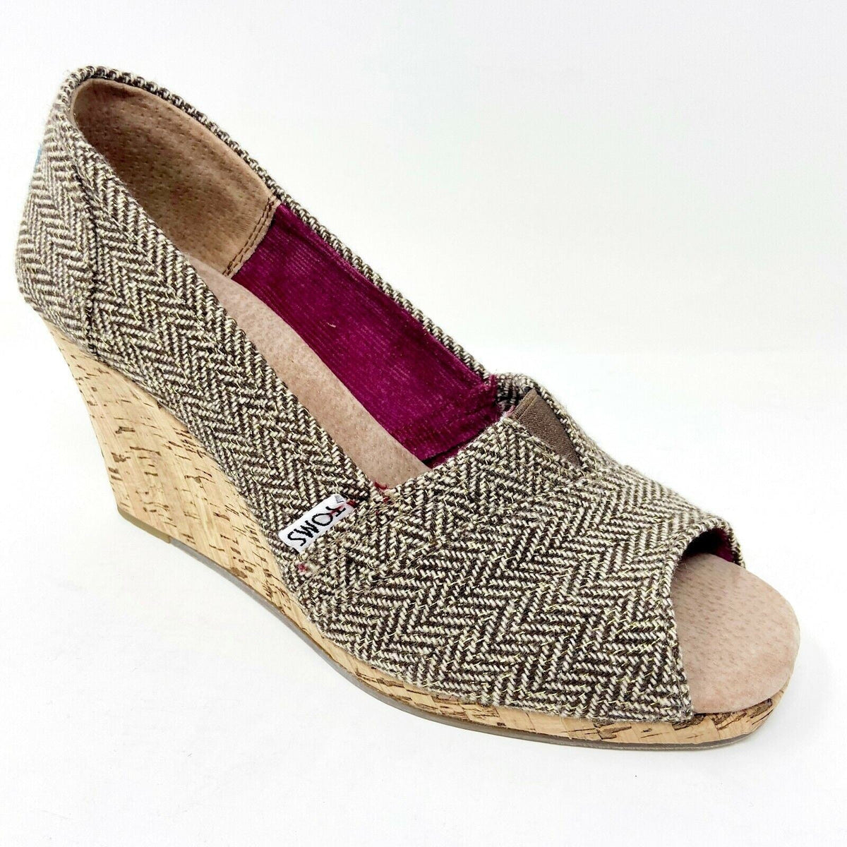Toms Wedge Brown Metallic Herringbone Womens Open Toe Cork Heel Booties