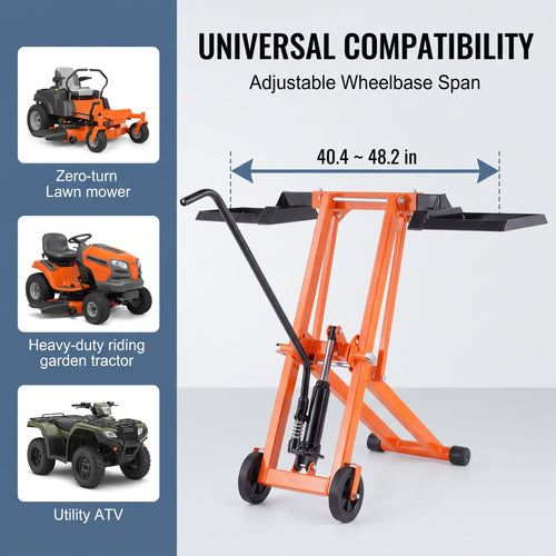 Heavy‑Duty Hydraulic Lawn Mower Lift Jack, 500 Lbs Weight Capacity, Solid Carbon Steel Construction, Adjustable Mobile Lifter for Riding Tractors and Zero‑Turn Lawn Mowers, Orange