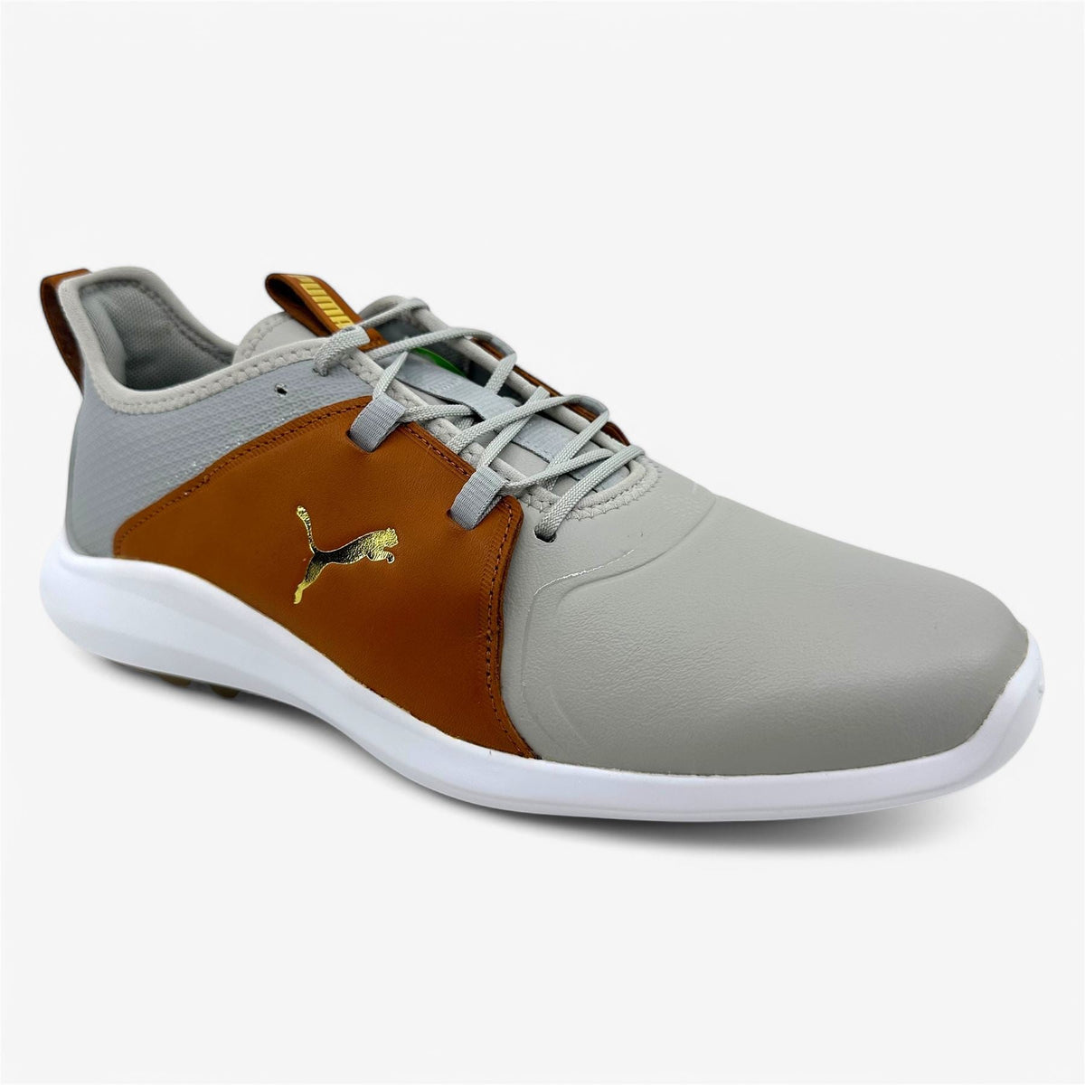 PUMA Ignite Fasten8 Crafted Rise Gold Leather Brown Mens Waterproof Golf Shoes