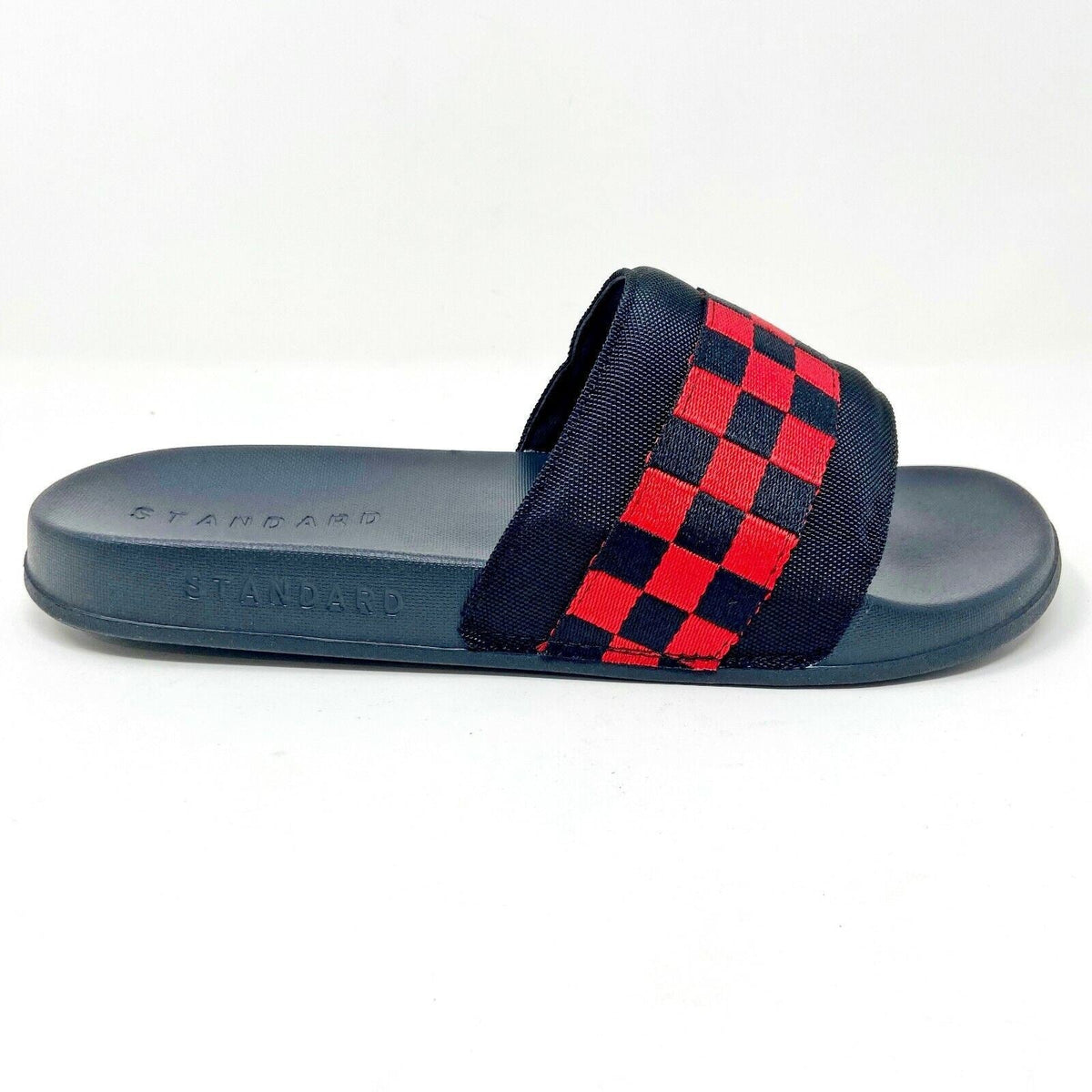 STNDRD Standard Los Angeles Monaco Checkerboard Black Red Womens Slide Sandals