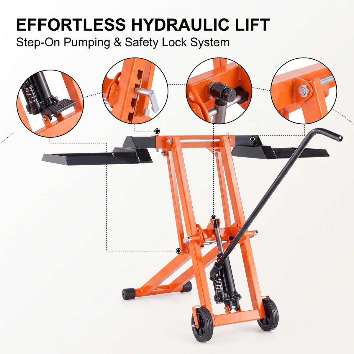 Heavy‑Duty Hydraulic Lawn Mower Lift Jack, 500 Lbs Weight Capacity, Solid Carbon Steel Construction, Adjustable Mobile Lifter for Riding Tractors and Zero‑Turn Lawn Mowers, Orange