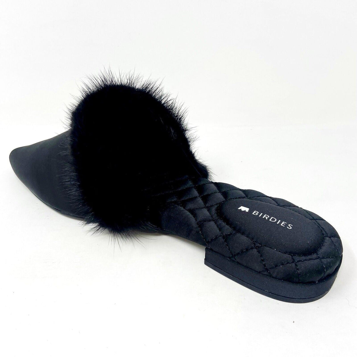 Birdies The Dove Onyx Black Mink Fur Womens Slip On Pointed Toe Mules Shoes