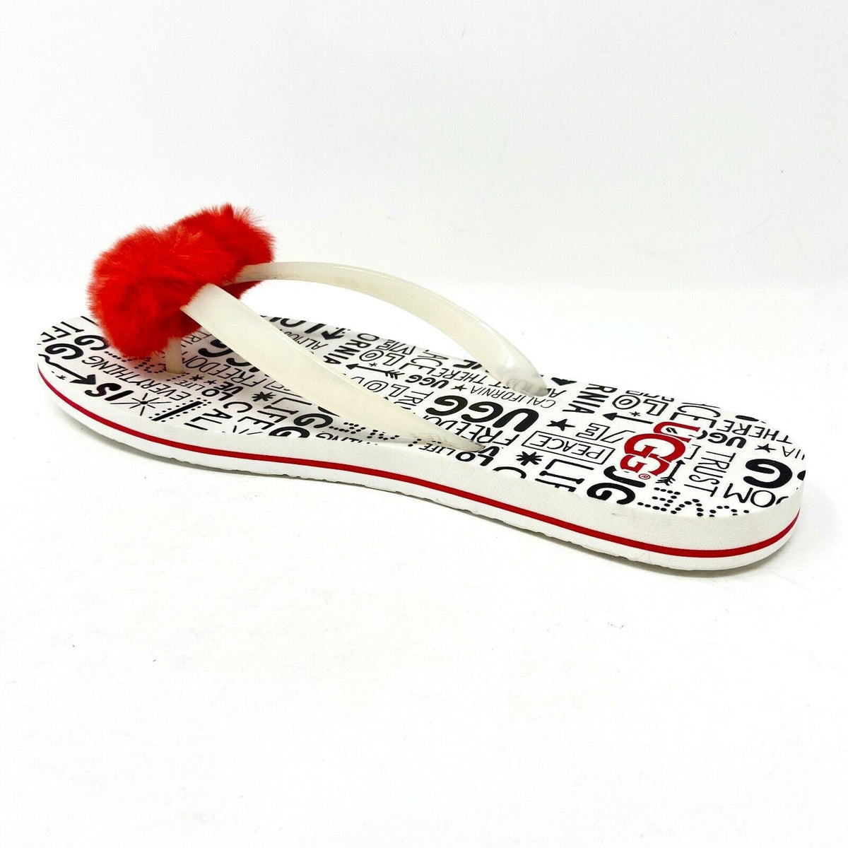 UGG Simi Fluff Manifesto White Red Womens Flip Flop Sandals 1101562 JSM