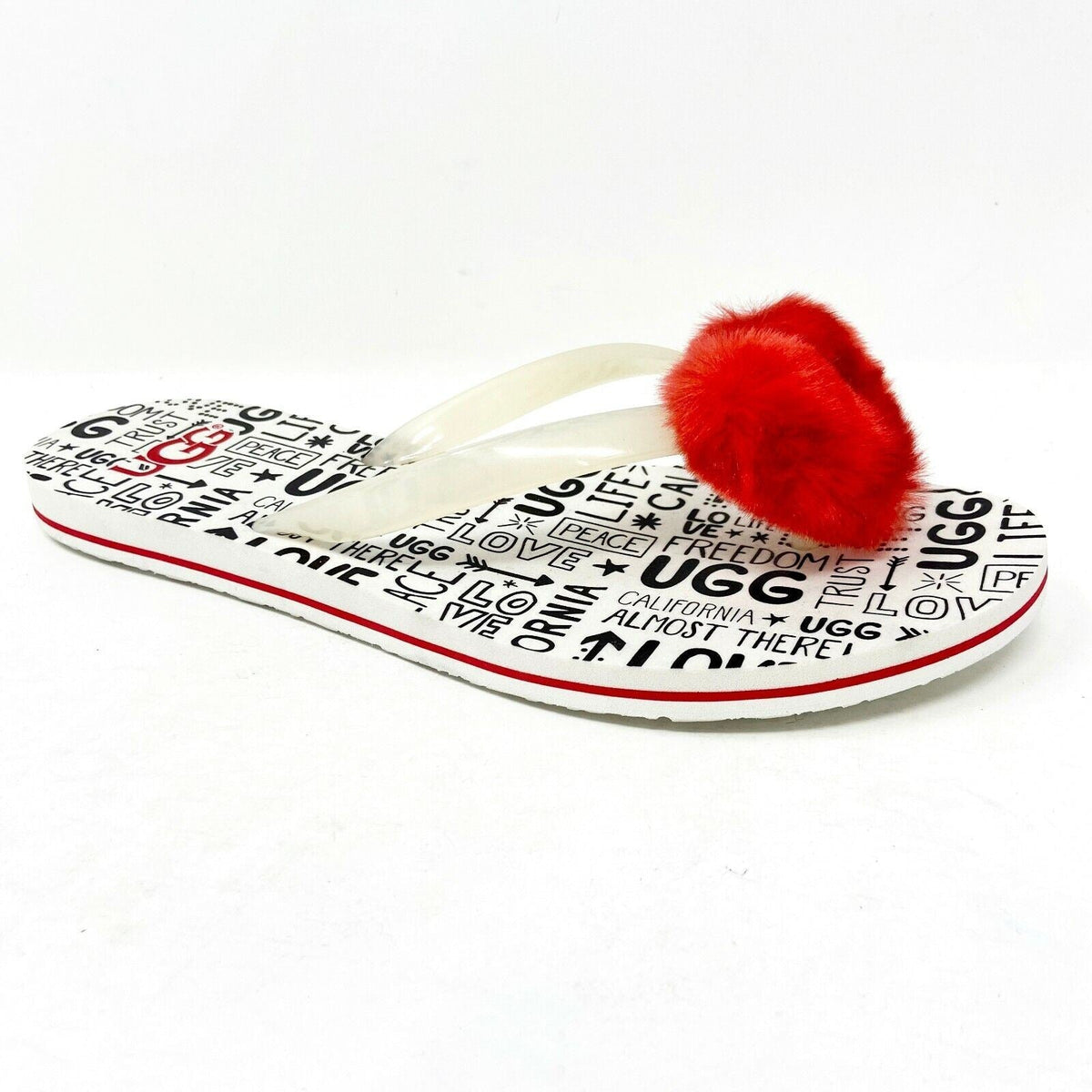 UGG Simi Fluff Manifesto White Red Womens Flip Flop Sandals 1101562 JSM