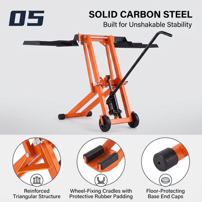 Heavy‑Duty Hydraulic Lawn Mower Lift Jack, 500 Lbs Weight Capacity, Solid Carbon Steel Construction, Adjustable Mobile Lifter for Riding Tractors and Zero‑Turn Lawn Mowers, Orange