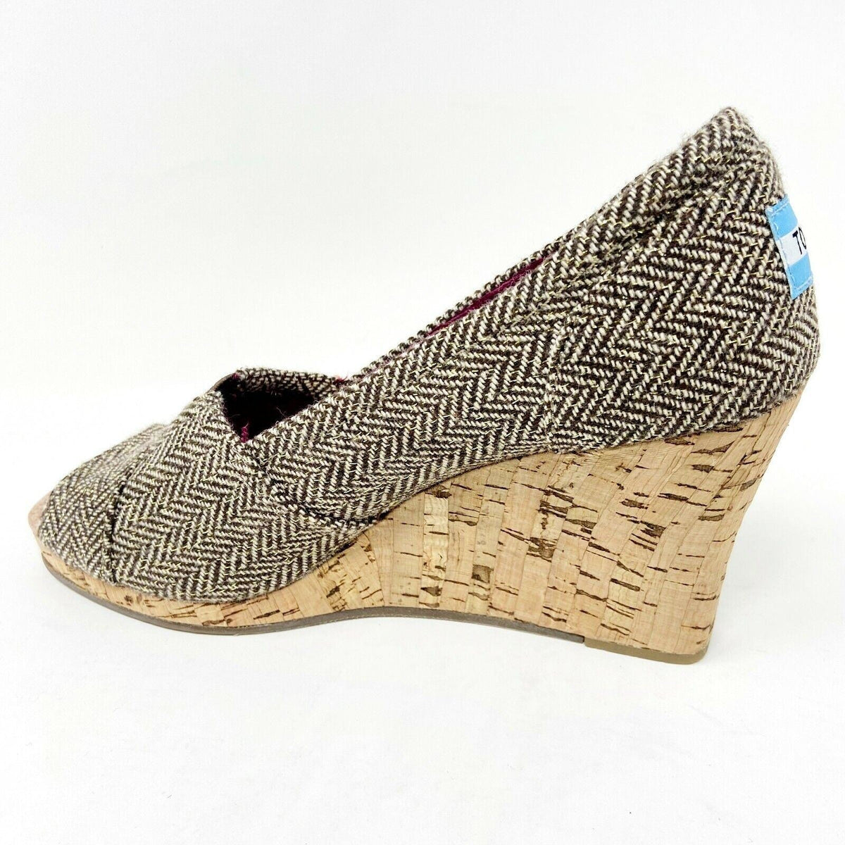 Toms Wedge Brown Metallic Herringbone Womens Open Toe Cork Heel Booties