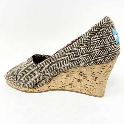 Toms Wedge Brown Metallic Herringbone Womens Open Toe Cork Heel Booties