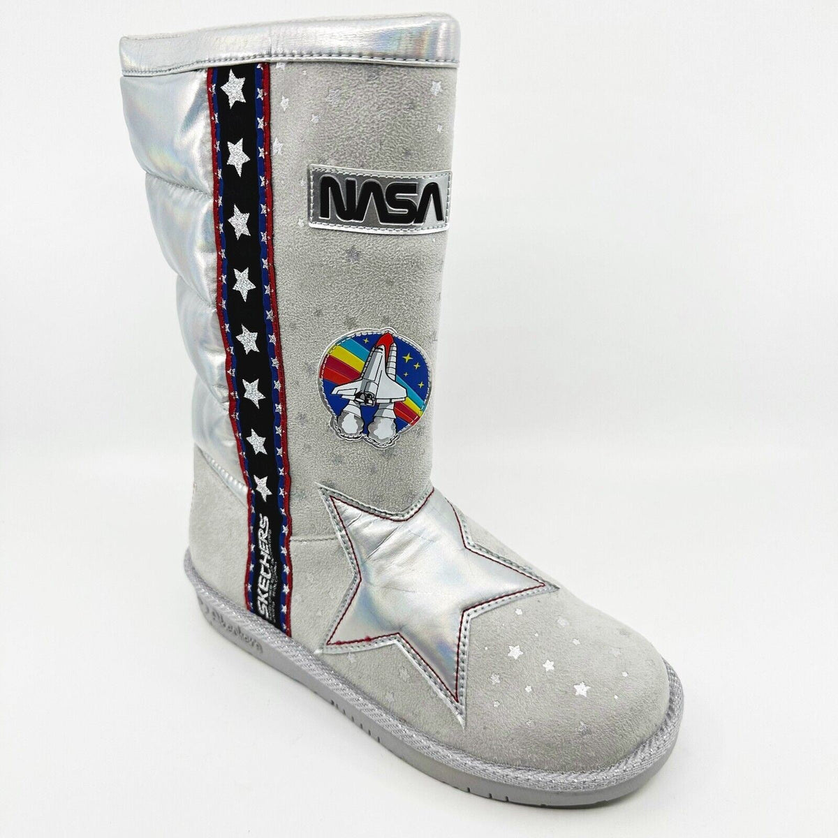 Skechers Glamslams Star Explorer Gray Kids Girls Size 4 NASA Space Tall Boots