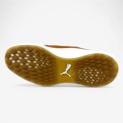 PUMA Ignite Fasten8 Crafted Rise Gold Leather Brown Mens Waterproof Golf Shoes