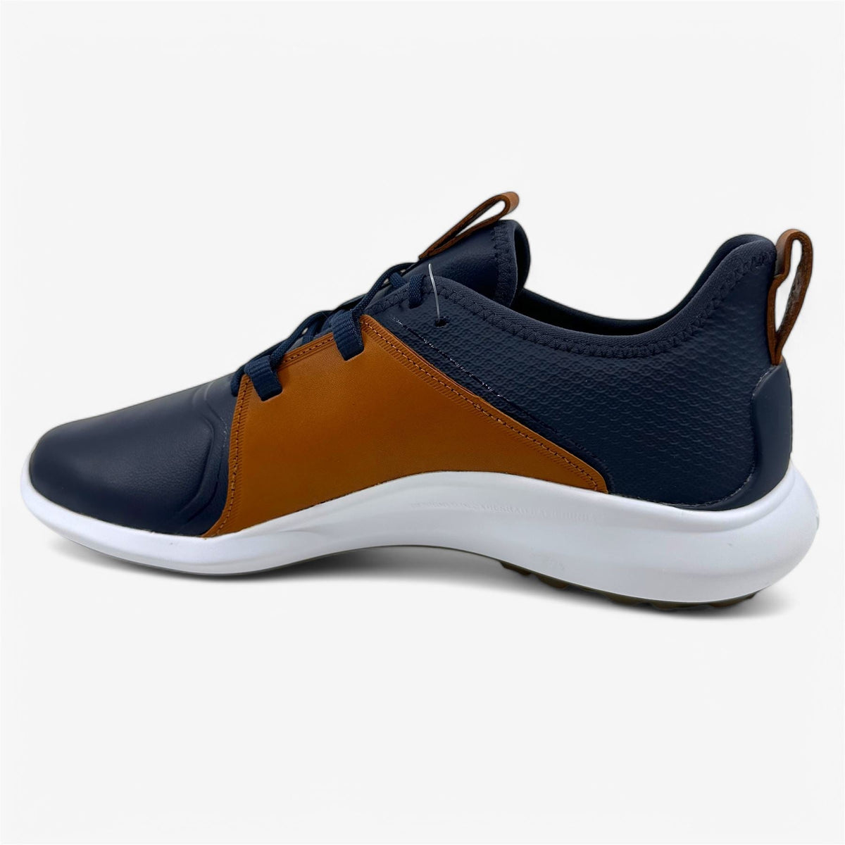 PUMA Ignite Fasten8 Crafted Navy Gold Leather Brown Mens Waterproof Golf Shoes