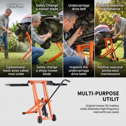 Heavy‑Duty Hydraulic Lawn Mower Lift Jack, 500 Lbs Weight Capacity, Solid Carbon Steel Construction, Adjustable Mobile Lifter for Riding Tractors and Zero‑Turn Lawn Mowers, Orange