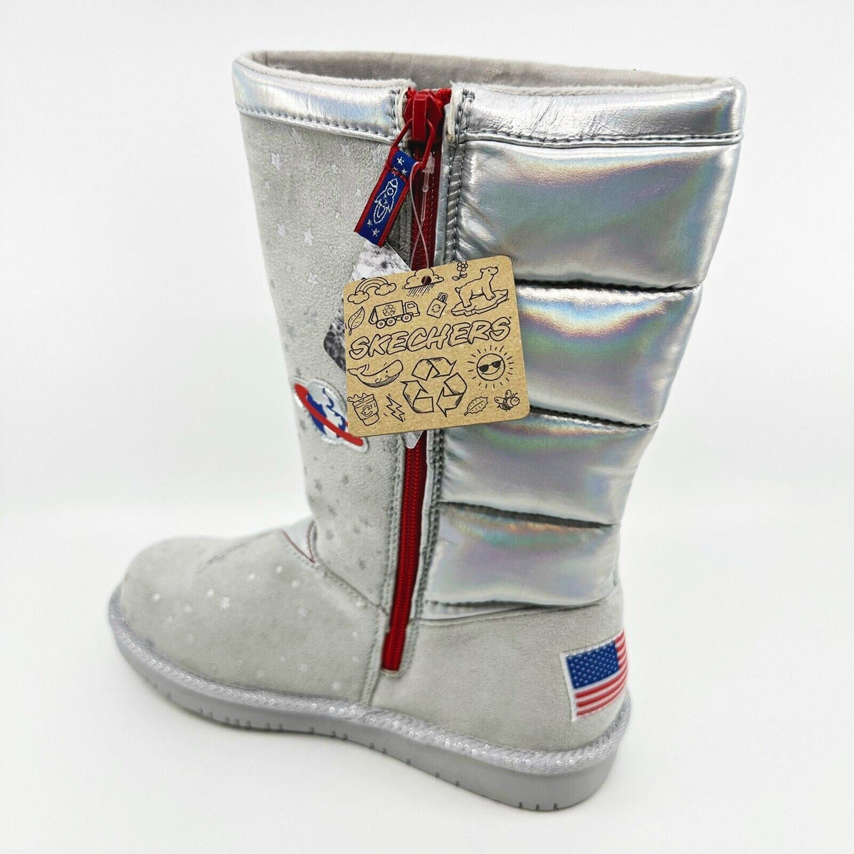 Skechers Glamslams Star Explorer Gray Kids Girls Size 4 NASA Space Tall Boots