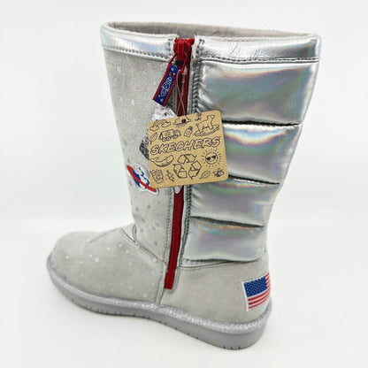 Skechers Glamslams Star Explorer Gray Kids Girls Size 4 NASA Space Tall Boots