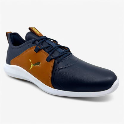 PUMA Ignite Fasten8 Crafted Navy Gold Leather Brown Mens Waterproof Golf Shoes