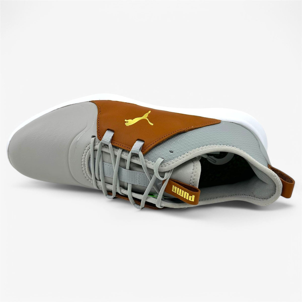 PUMA Ignite Fasten8 Crafted Rise Gold Leather Brown Mens Waterproof Golf Shoes