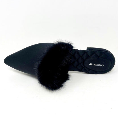 Birdies The Dove Onyx Black Mink Fur Womens Slip On Pointed Toe Mules Shoes