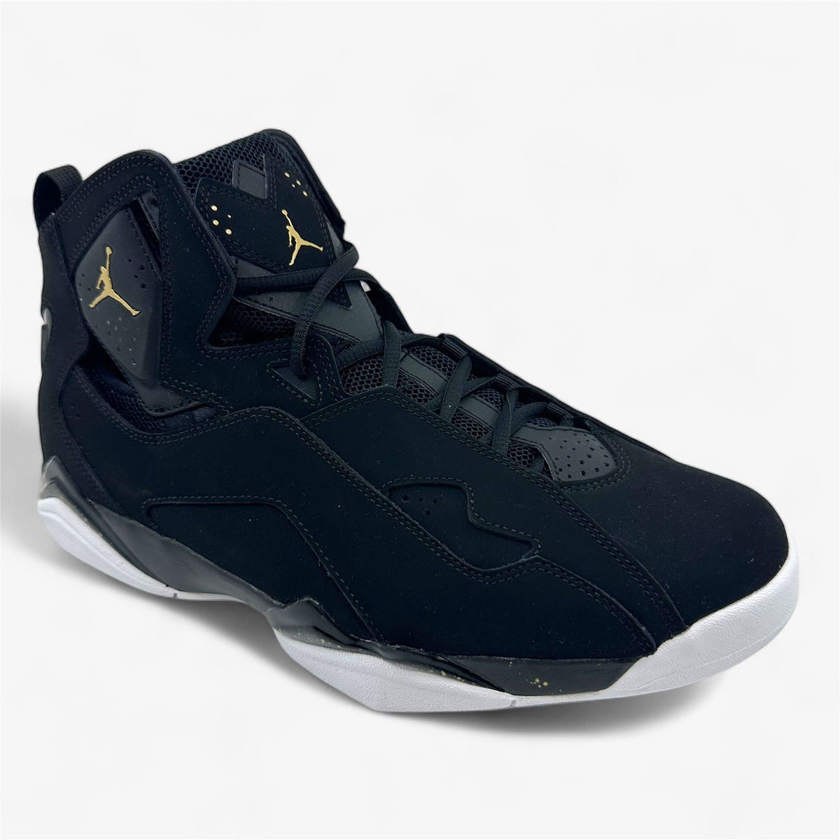 Jordan True Flight Black Metallic Gold Black Mens Athletic Sneaker