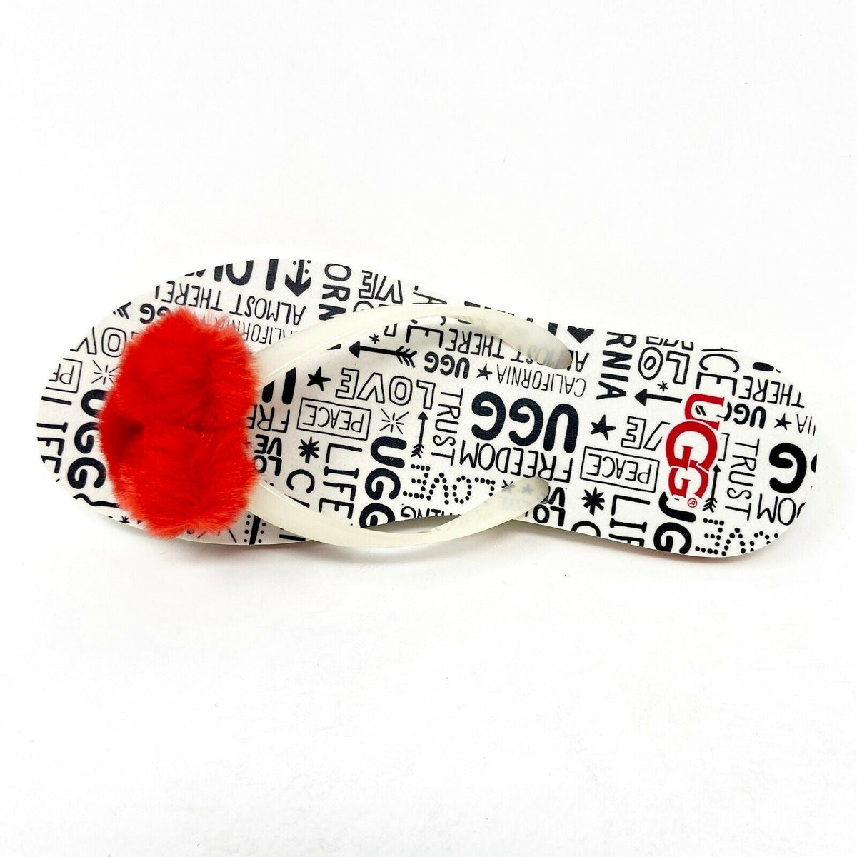 UGG Simi Fluff Manifesto White Red Womens Flip Flop Sandals 1101562 JSM