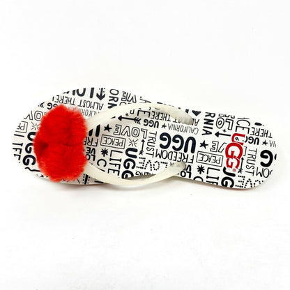 UGG Simi Fluff Manifesto White Red Womens Flip Flop Sandals 1101562 JSM