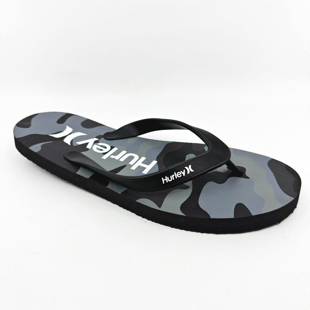 Hurley Mens Black Gray Camo Logo Flip Flop Pool Beach Sandals