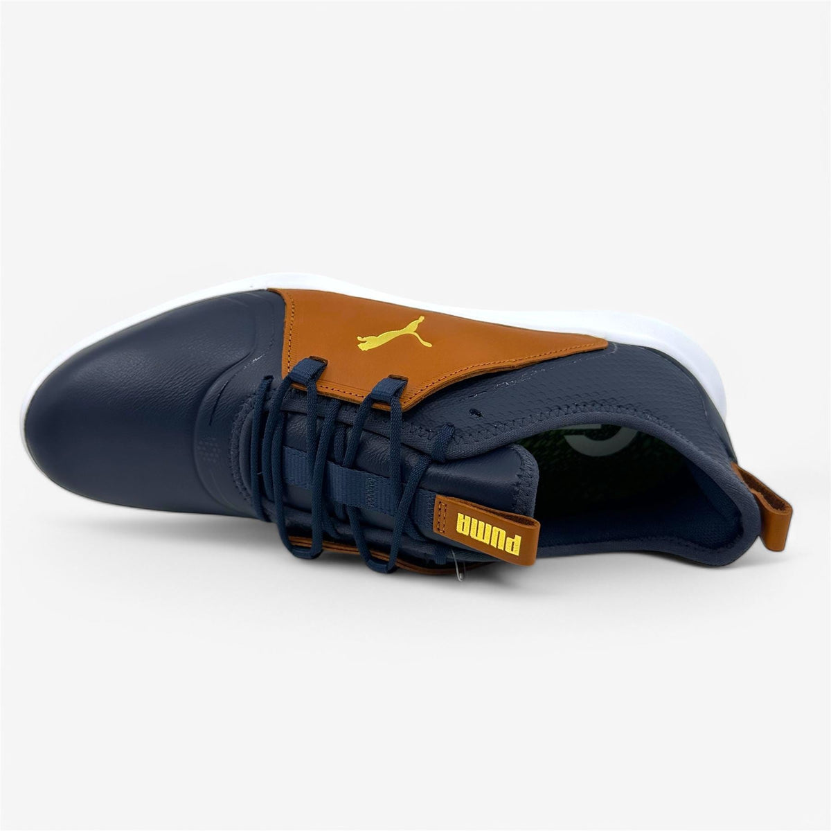 PUMA Ignite Fasten8 Crafted Navy Gold Leather Brown Mens Waterproof Golf Shoes