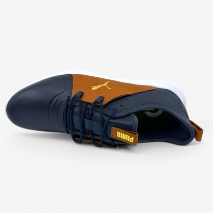 PUMA Ignite Fasten8 Crafted Navy Gold Leather Brown Mens Waterproof Golf Shoes