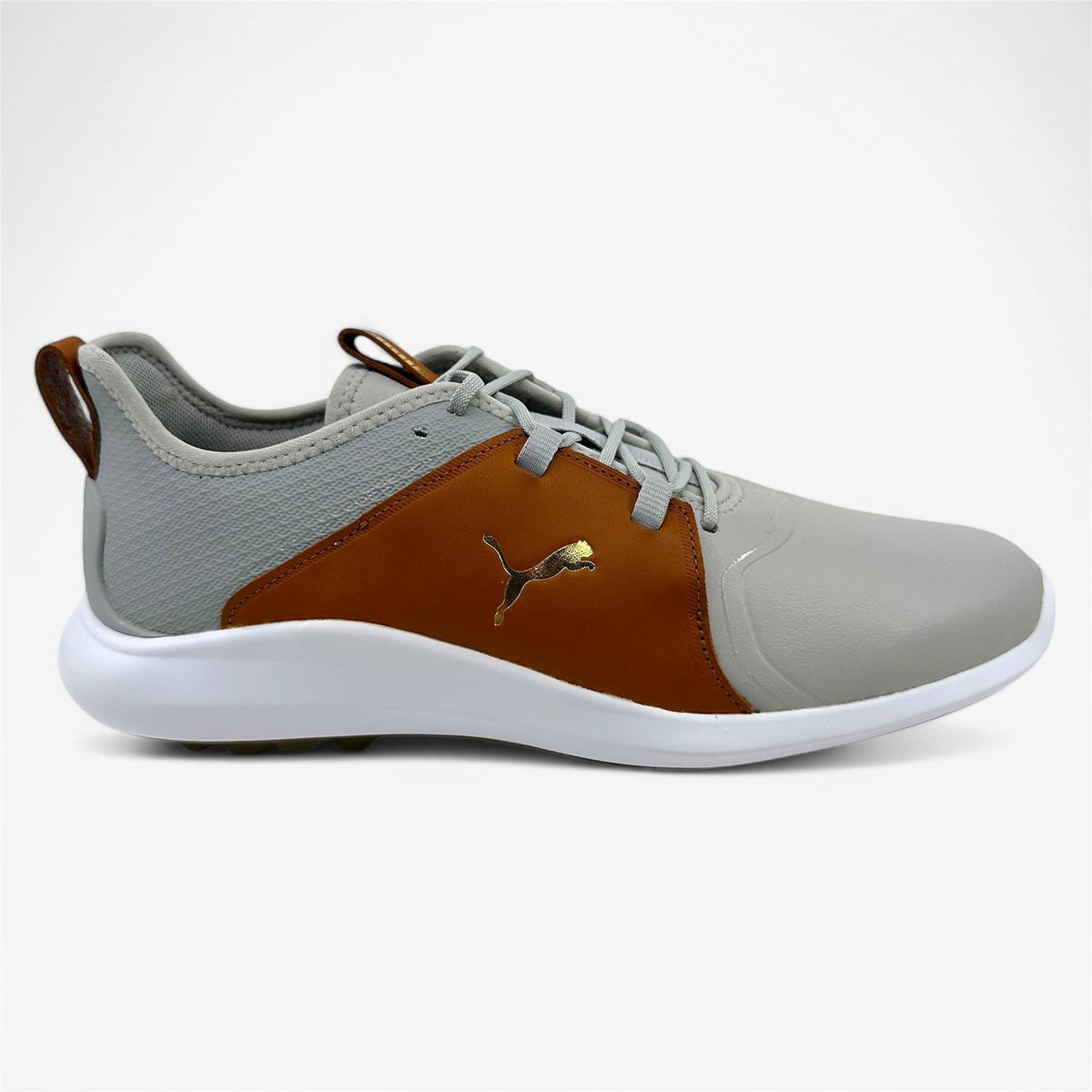 PUMA Ignite Fasten8 Crafted Rise Gold Leather Brown Mens Waterproof Golf Shoes