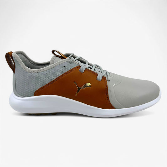 PUMA Ignite Fasten8 Crafted Rise Gold Leather Brown Mens Waterproof Golf Shoes