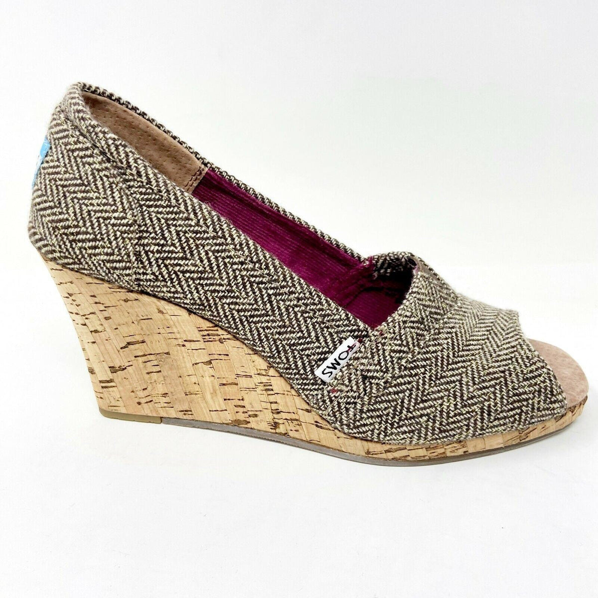 Toms Wedge Brown Metallic Herringbone Womens Open Toe Cork Heel Booties